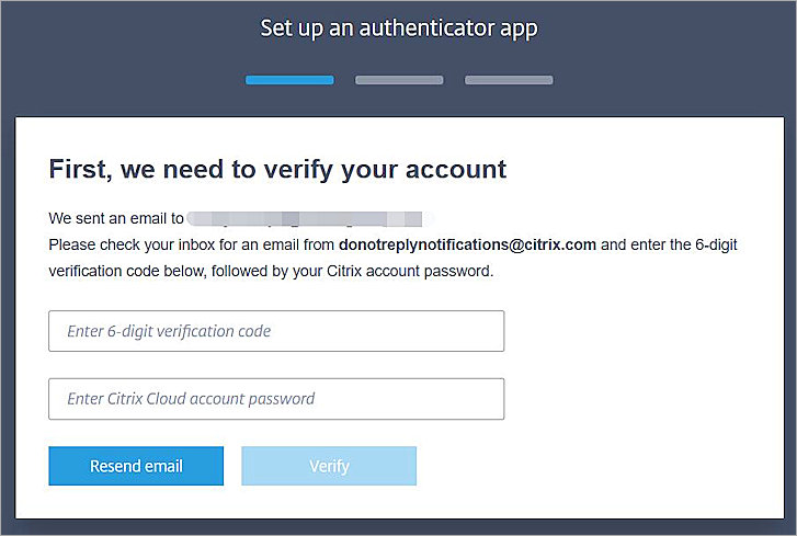 Screen shot of the Citrix Cloud enter verification code page.